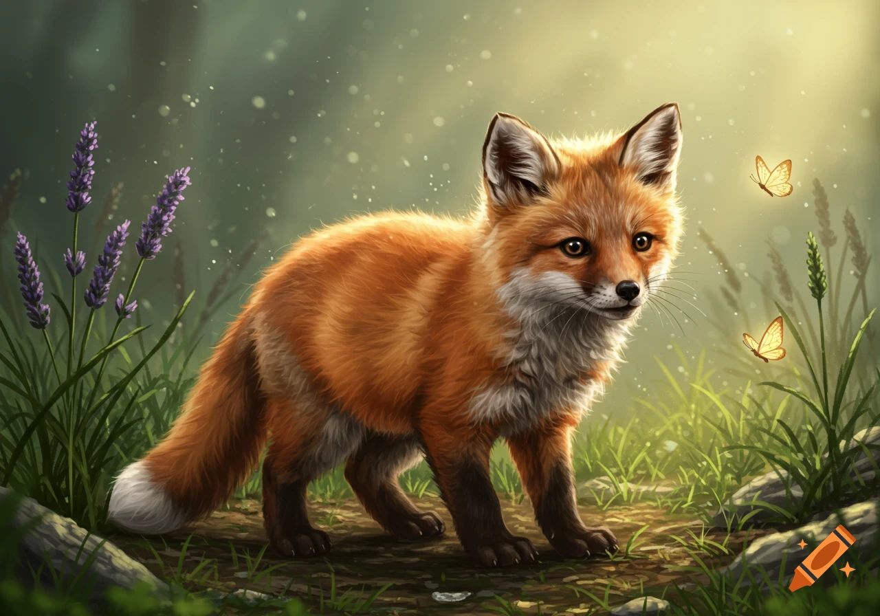 An illustrative close-up of a cute baby red fox standing in a whimsical forest with lavender flowers and glowing butterflies.