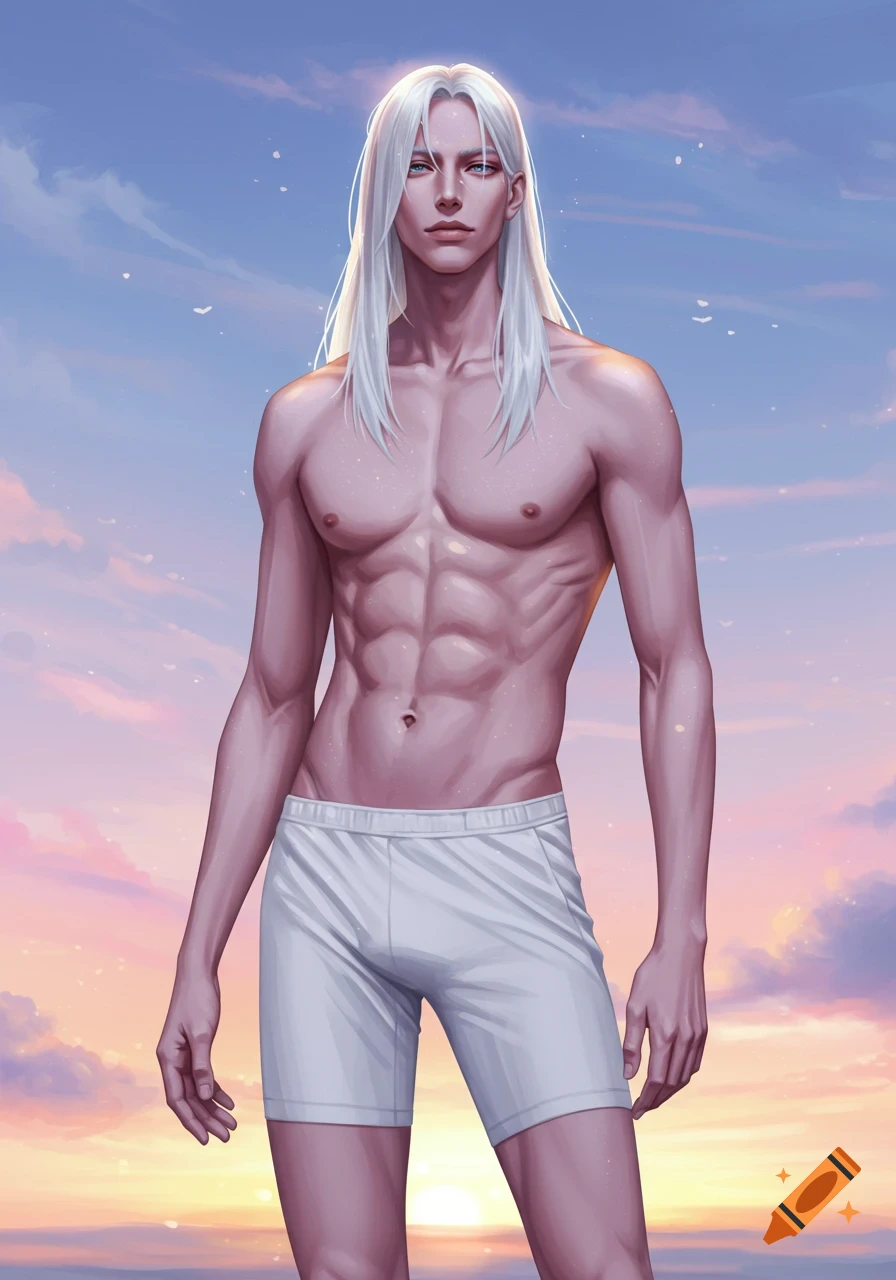 An anime-style man with long white hair and blue eyes, shirtless in white shorts, stands under a colorful sky.