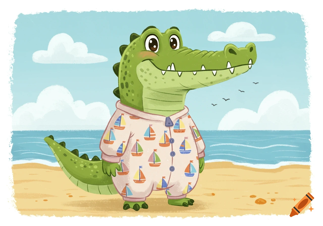 A cartoon alligator wearing a sailboat-patterned onesie stands on a sandy beach.