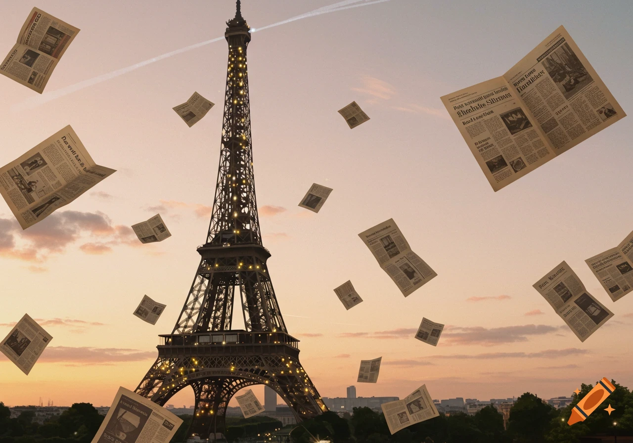A scenic view of the Eiffel Tower at sunset with numerous old newspapers floating in the sky around it.