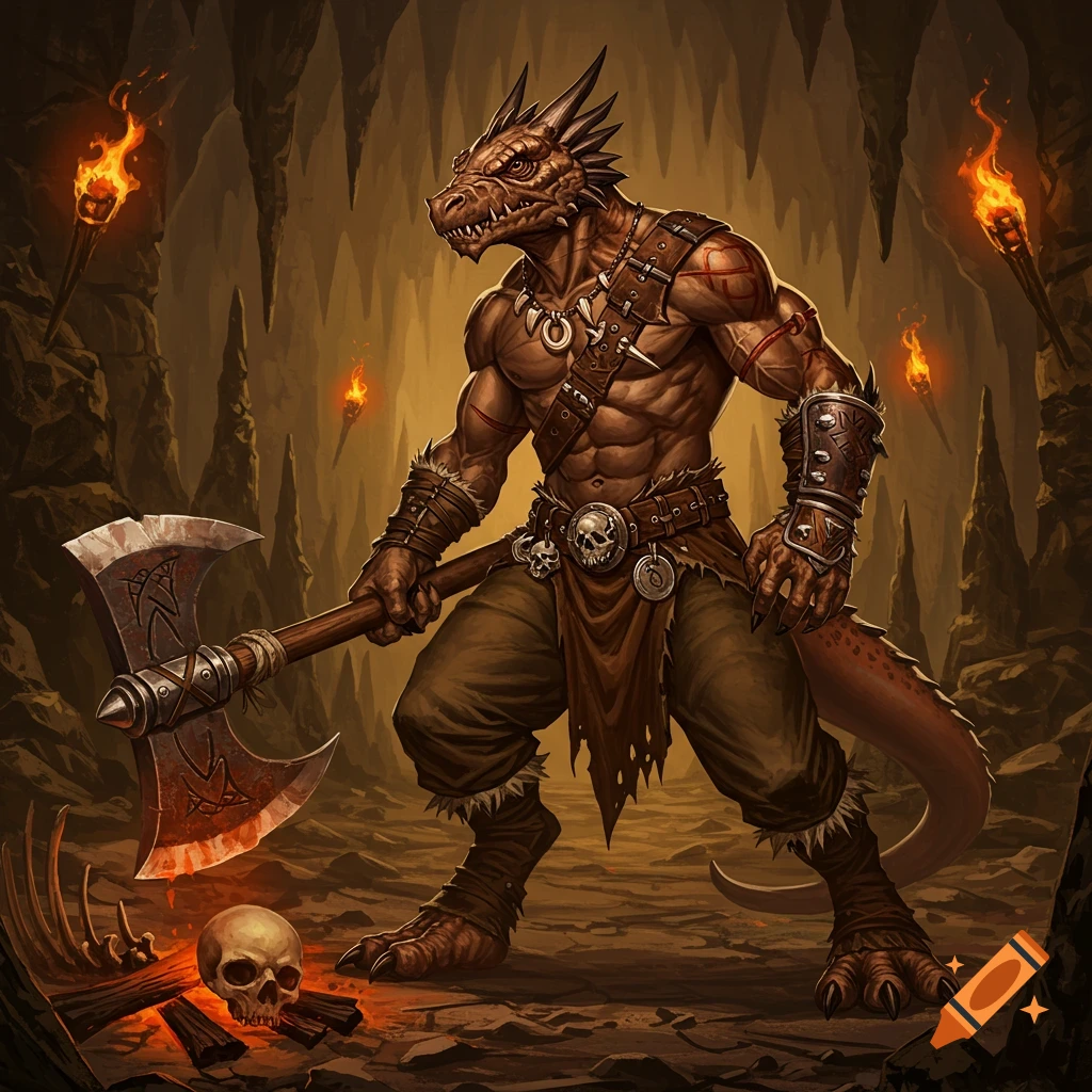 A muscular, scaly kobold barbarian with an axe stands in a torchlit cave among bones and skulls.