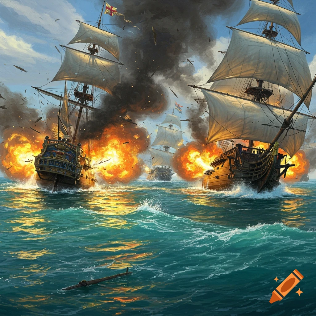 Realistic painting of two renaissance warships exploding amidst a naval battle at sea.
