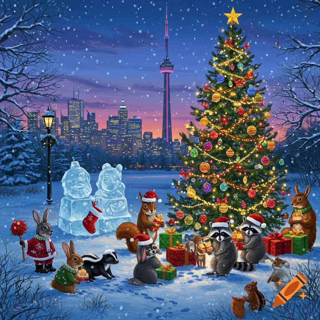 Whimsical illustration of rabbits, raccoons, skunks, and squirrels celebrating Christmas around a festive tree in a snowy Toronto park with the CN Tower.