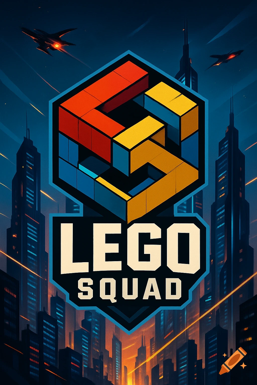 Poster for 'LEGO SQUAD' with a stylized block logo, futuristic city skyscrapers, and fighter jets in a dark blue sky.