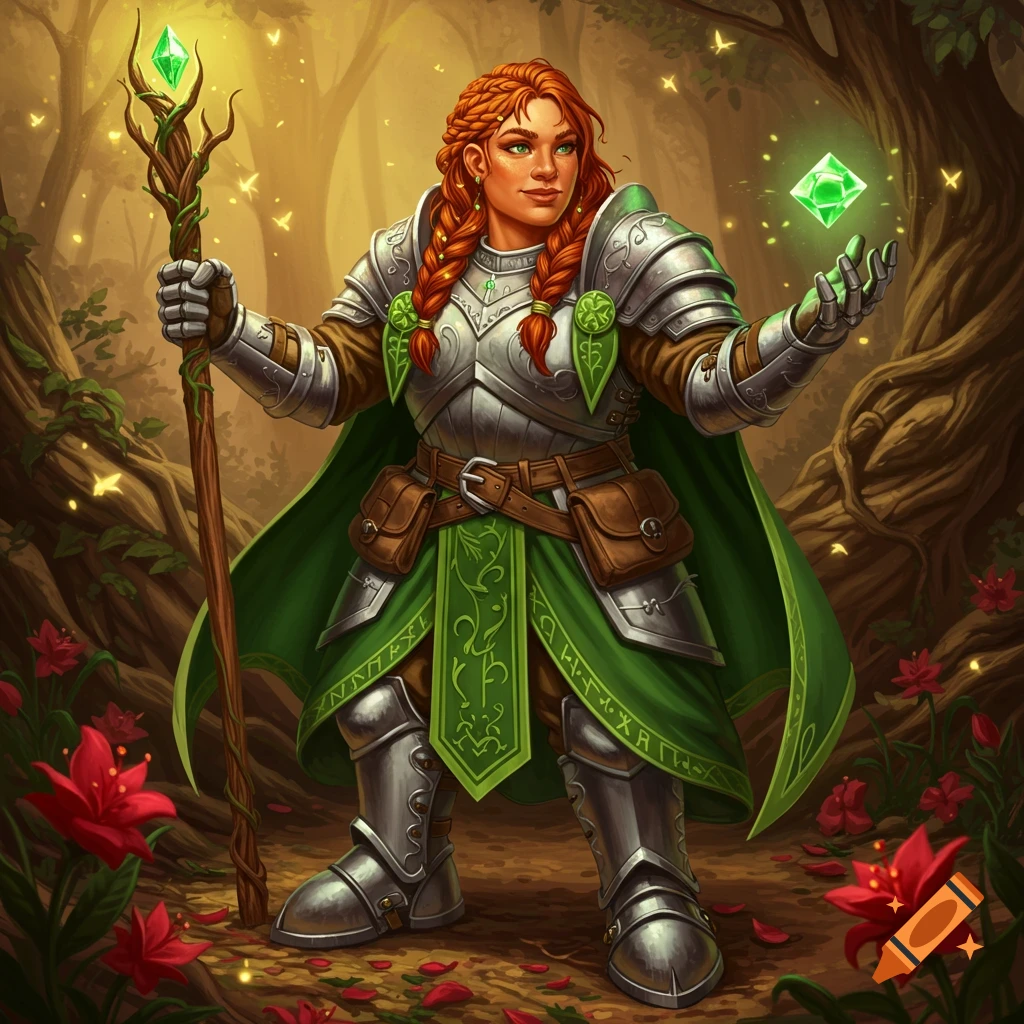 A female dwarf cleric with red braids and green eyes, wearing silver armor and a green robe, holds a staff and levitates a green gem in a magical forest.