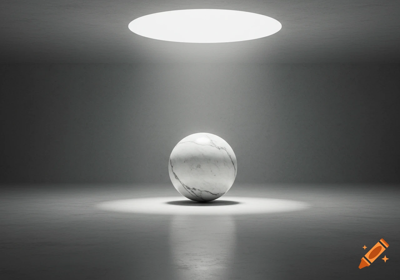A white marble sphere stands illuminated by a spotlight in a minimalist, gray room.