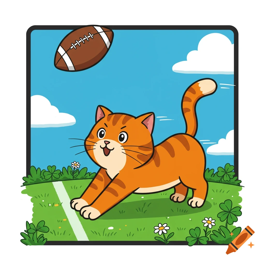 A cartoon orange tabby cat is stretching its paws forward on a green field with a white line, looking up at a brown football in the blue sky.