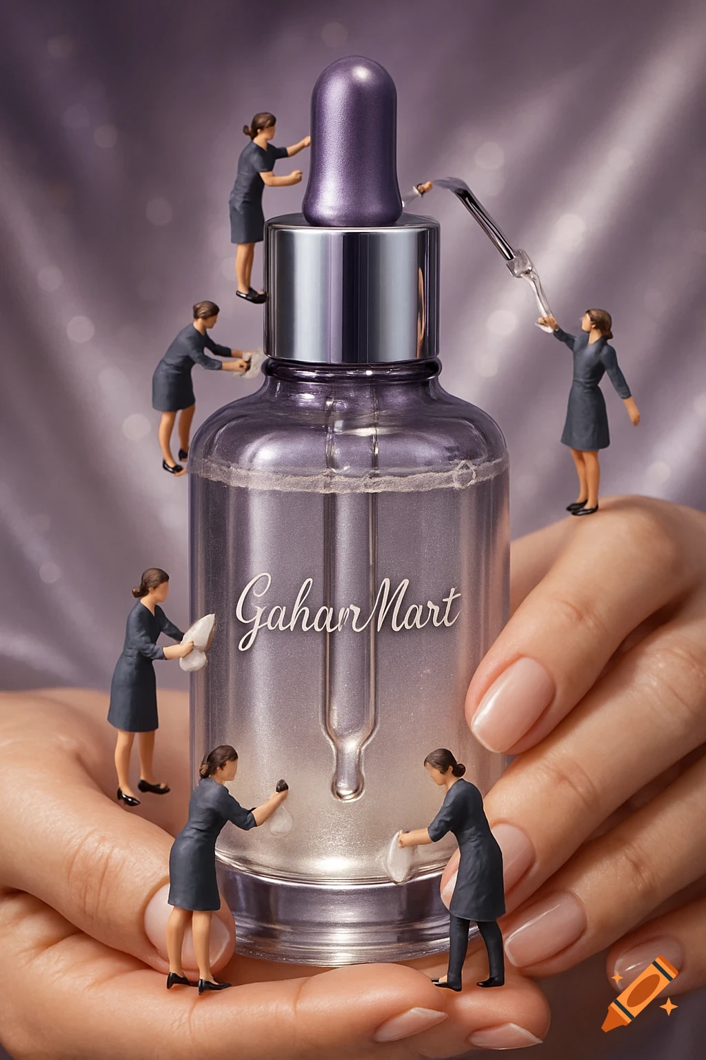 Hyper-realistic close-up of a 'GahanMart' serum bottle held in hands, with miniature workers polishing it on a luxurious purple background.