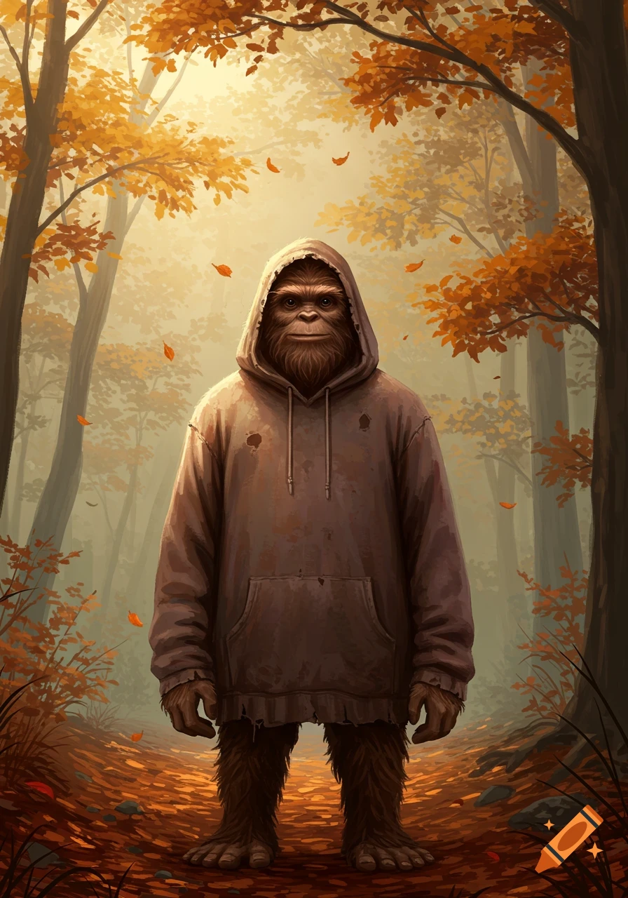 A sasquatch wearing a brown hoodie stands in an autumn forest.