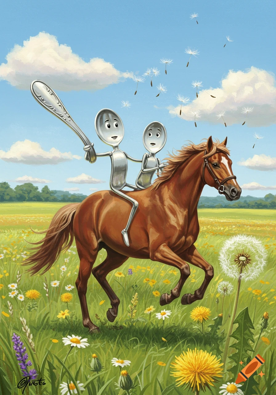 Two anthropomorphic spoons riding a horse through a vibrant field of wildflowers under a blue sky with dandelions.