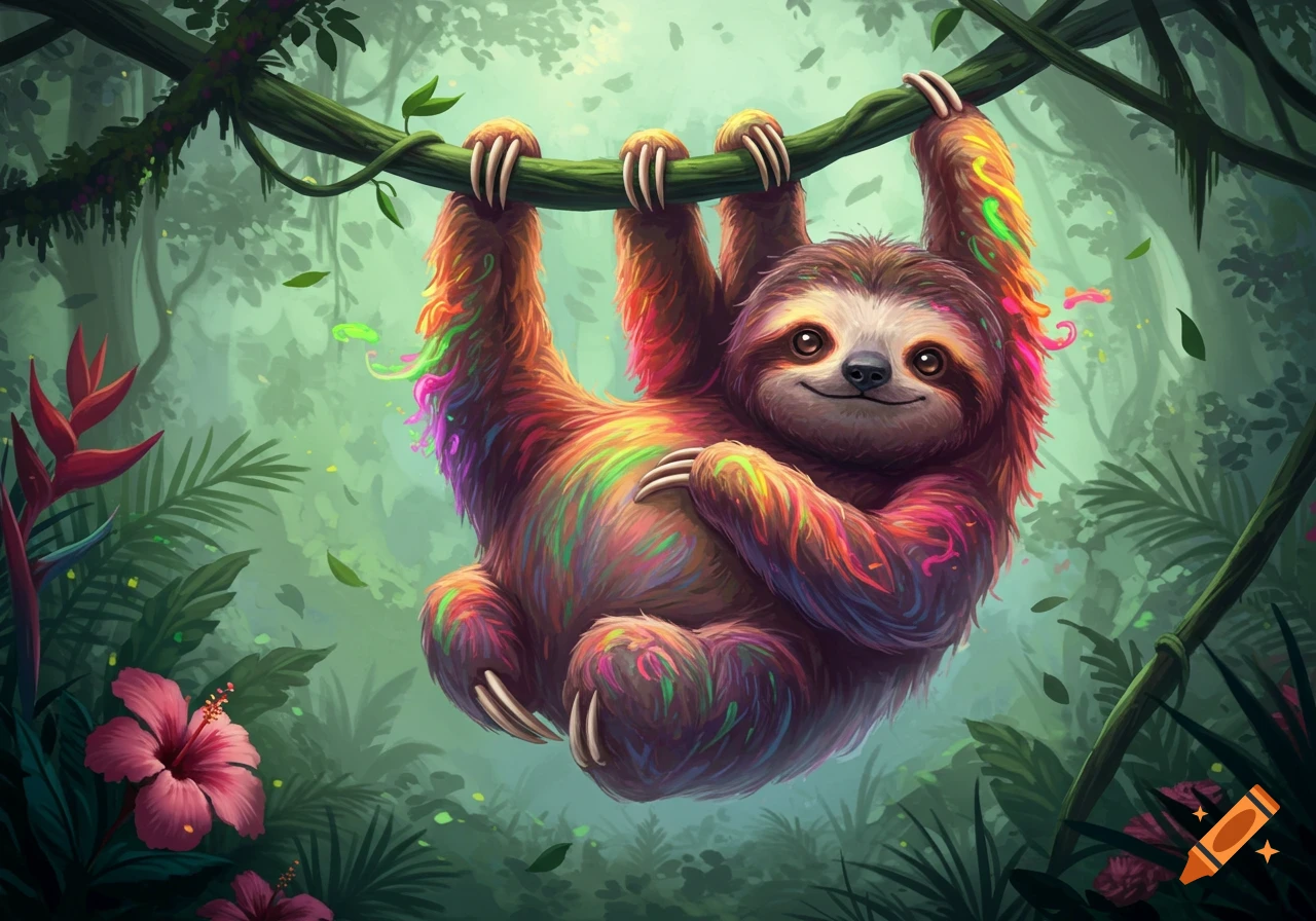 A vibrant, colorful sloth with rainbow fur hangs happily from a jungle vine, surrounded by lush green foliage and tropical flowers. Illustrated style.
