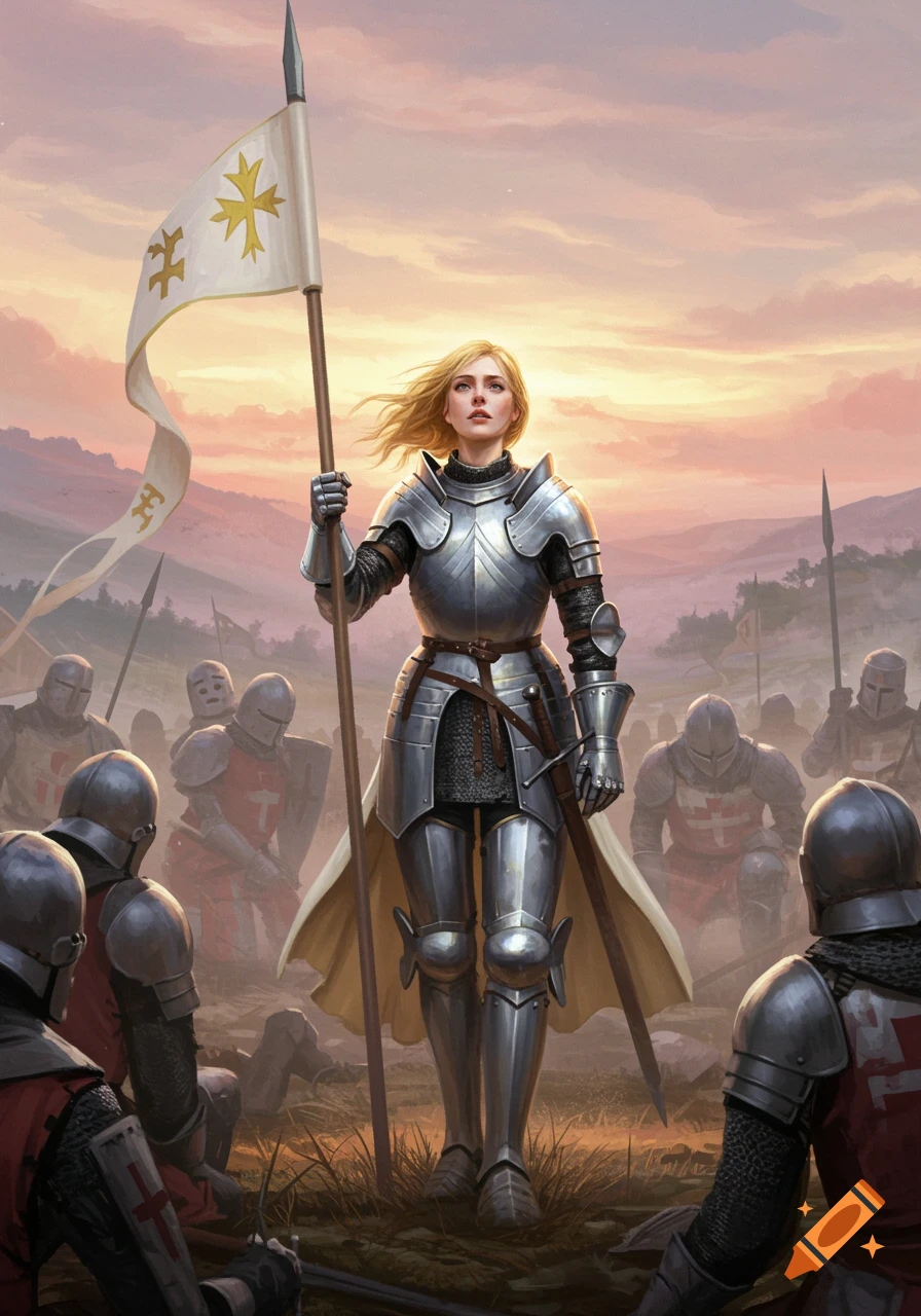 A blonde woman in shining medieval armor stands holding a flag, surrounded by knights kneeling on a battlefield at sunset.