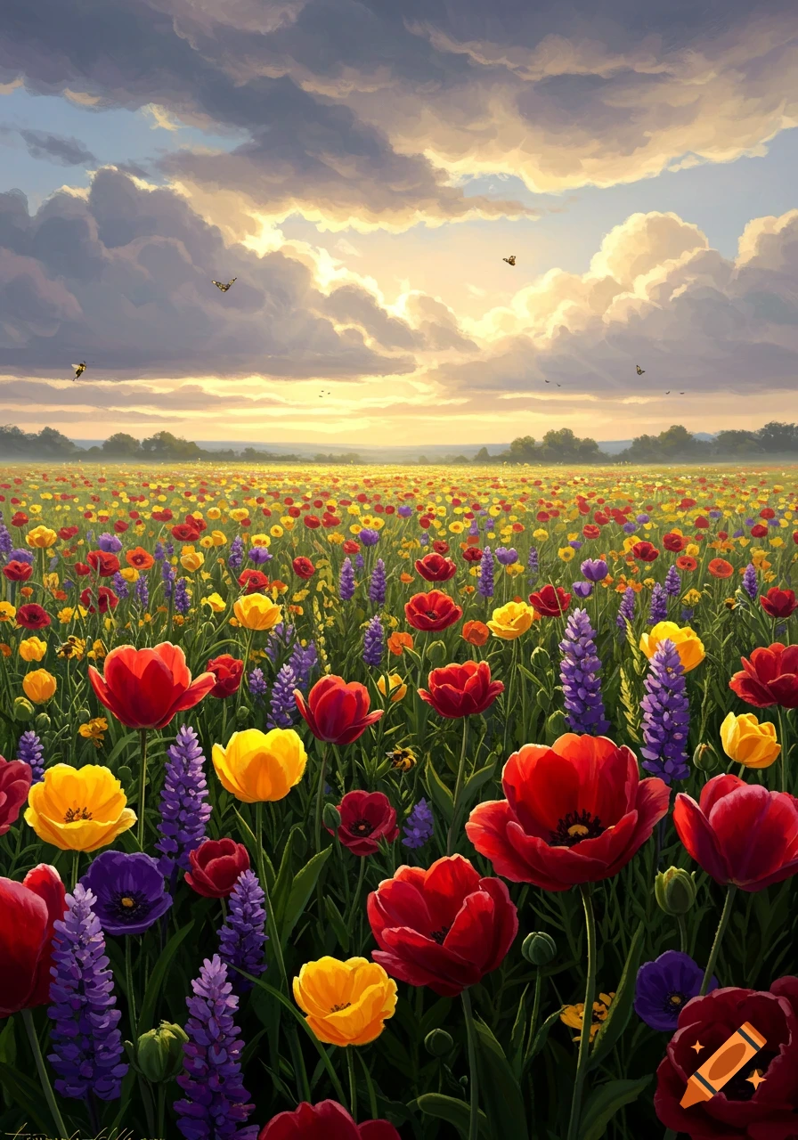 Vibrant field of red, yellow, and purple flowers under a dramatic, cloudy sky with golden light.
