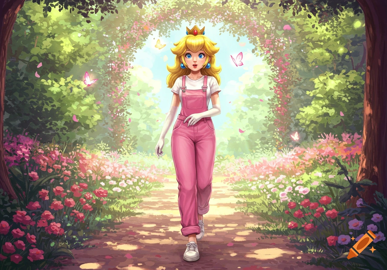 Illustrated Princess Peach in pink overalls walks on a flower-lined garden path under a light-filled archway.