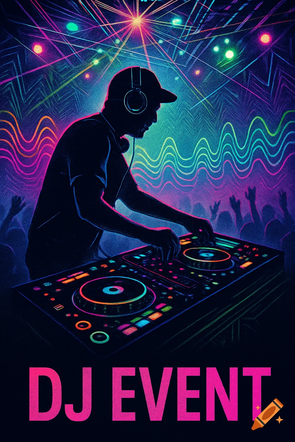 Vibrant, stylized image of a DJ silhouetted against neon