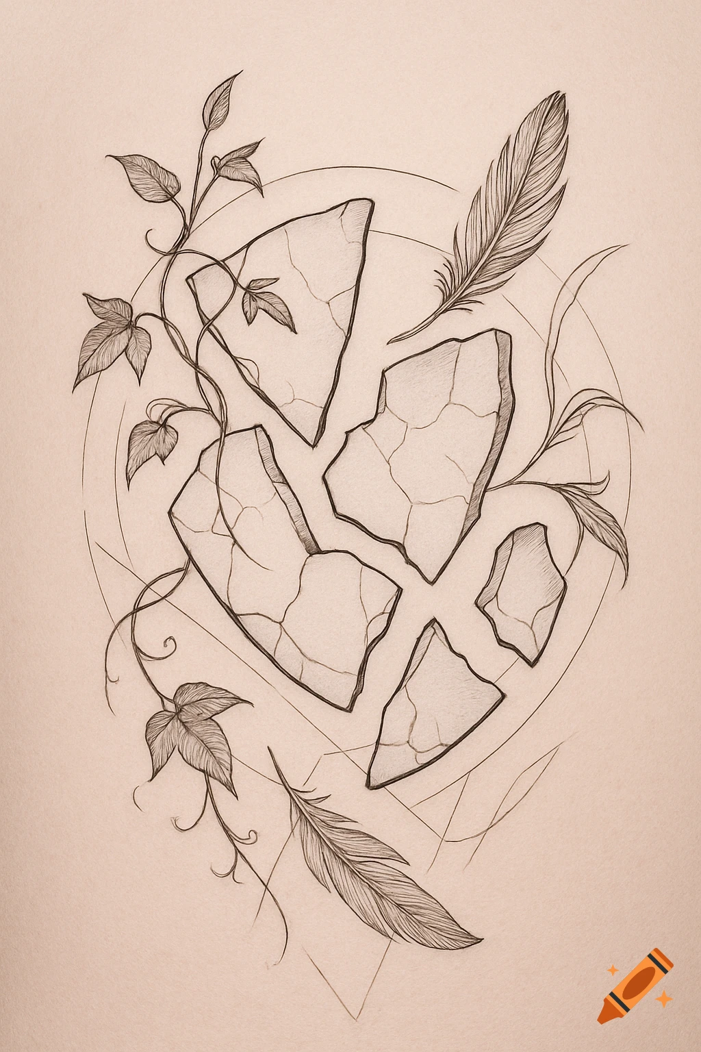 Fine line sketch of broken rock fragments and intertwined vines with feathers, forming a circular design.