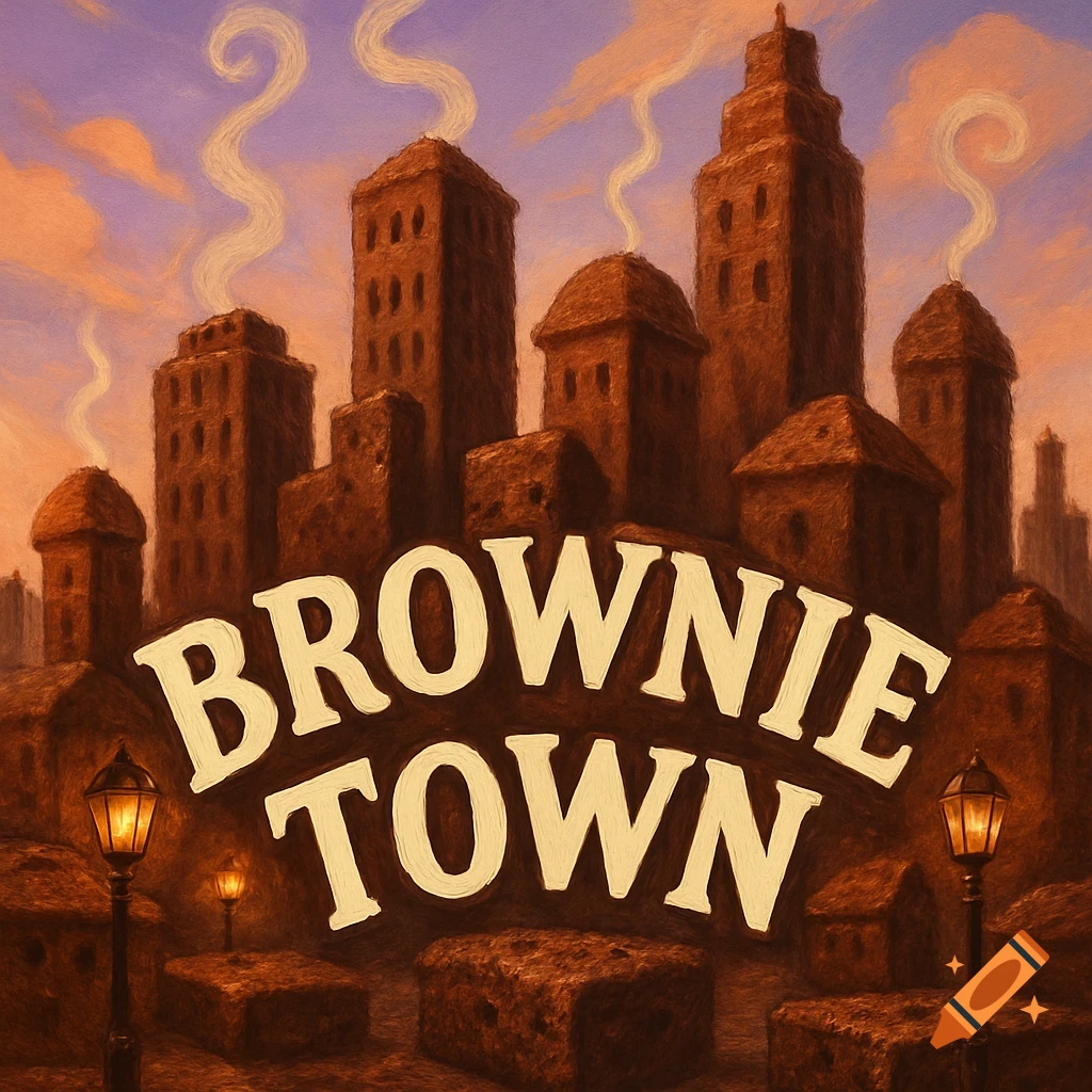 An illustration depicting a whimsical town with buildings made of brownies, under a sunset sky, with the words "BROWNIE TOWN" prominently displayed in the foreground.