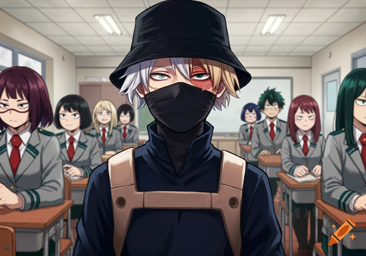 An anime character with half white and half blonde hair, wearing a black bucket hat and face mask, stands in a classroom with other students.