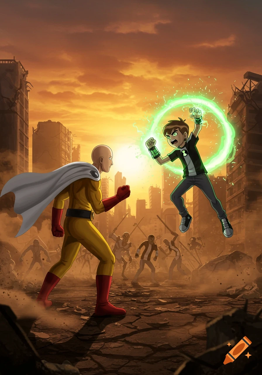 Saitama faces Ben 10, who is surrounded by a green energy ring, in a destroyed city landscape at sunset in a cartoon style.
