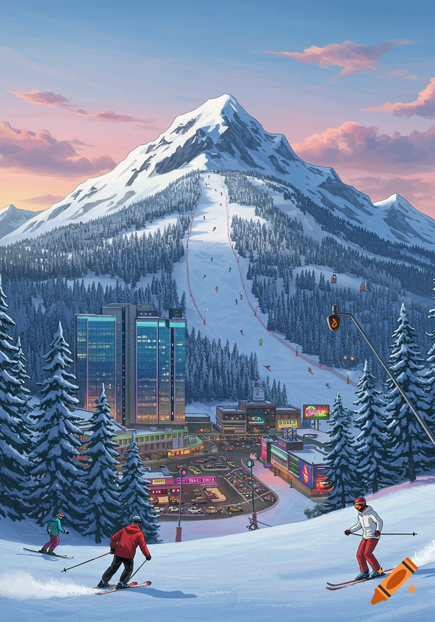 A vibrant, stylized illustration of a snow-covered mountain ski resort town with skiers and a cityscape.