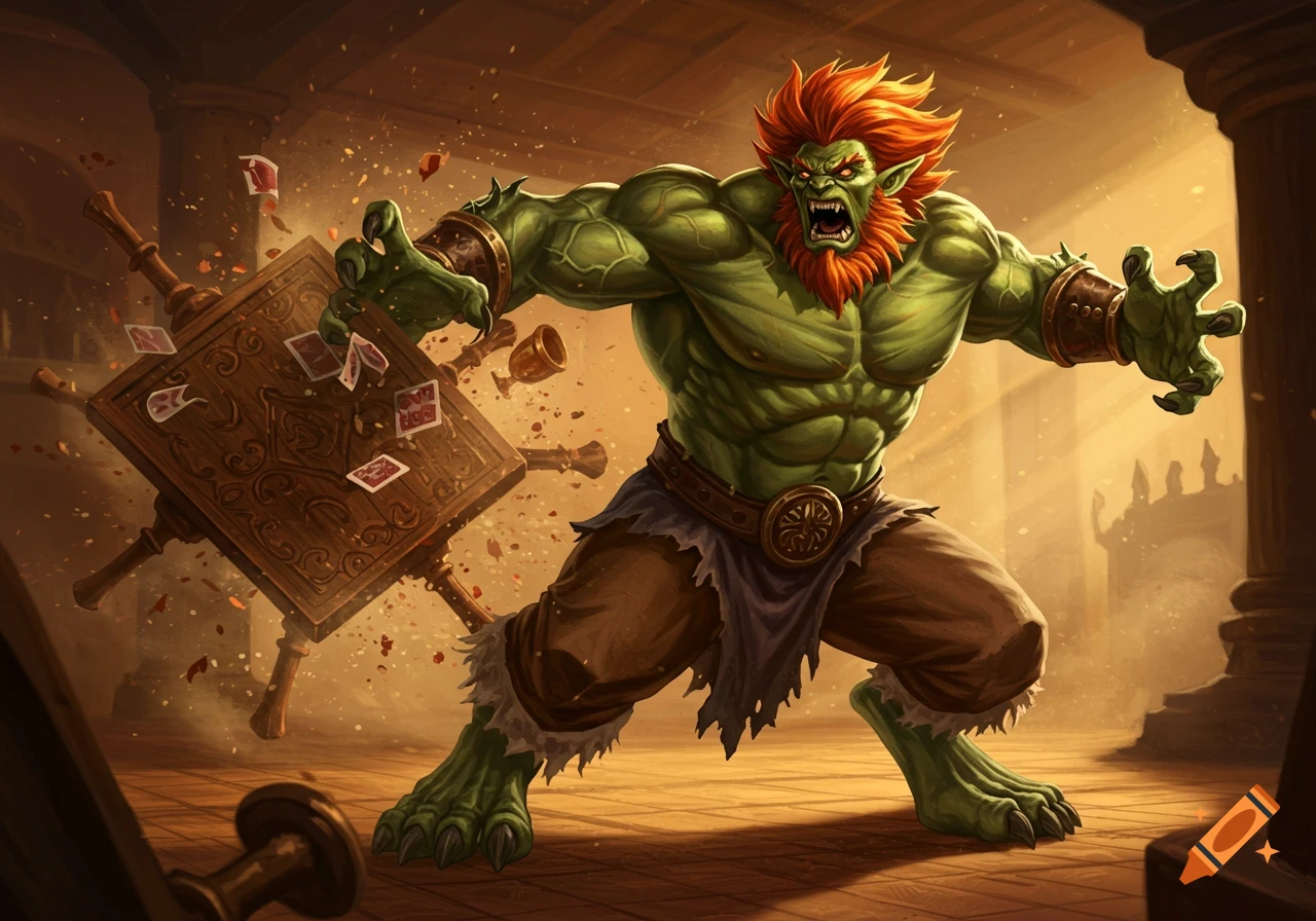 A muscular, green-skinned beastman with orange hair and beard furiously flips a wooden table, sending playing cards and objects flying in a dramatic, action-filled scene.