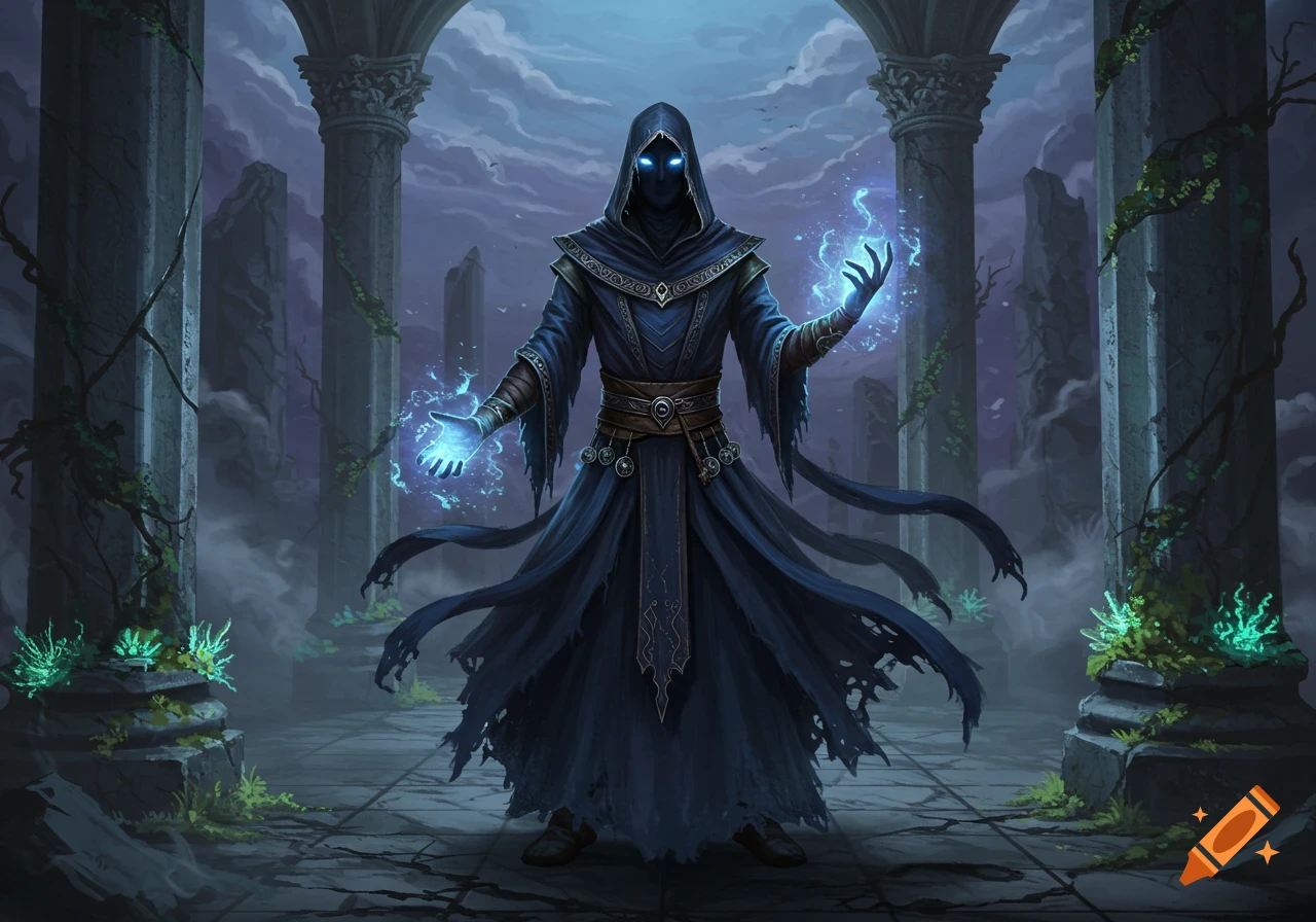 A dark robed sorcerer with glowing blue eyes and magic in hands stands among crumbling pillars in a gloomy ruin.