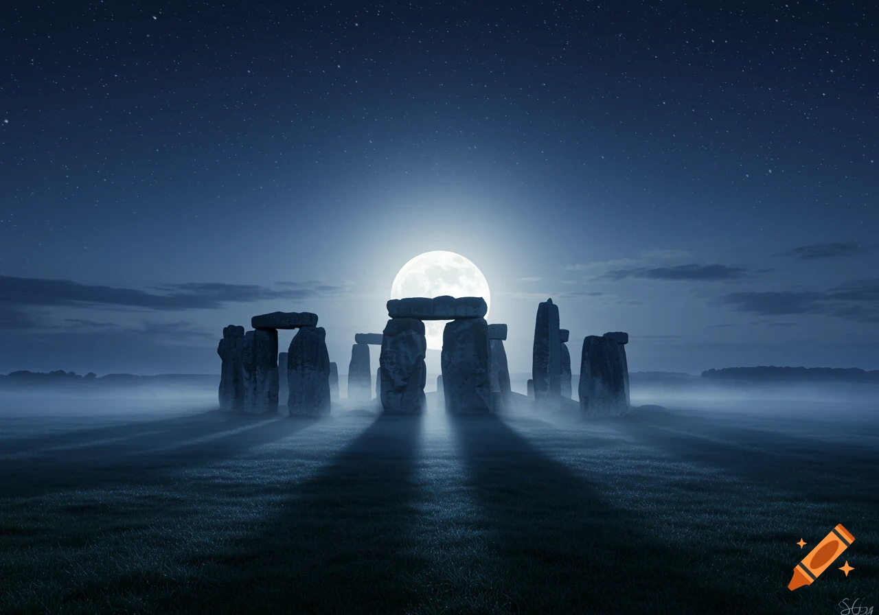 Stonehenge at night under a bright full moon, with long shadows across a misty field and stars in the sky.