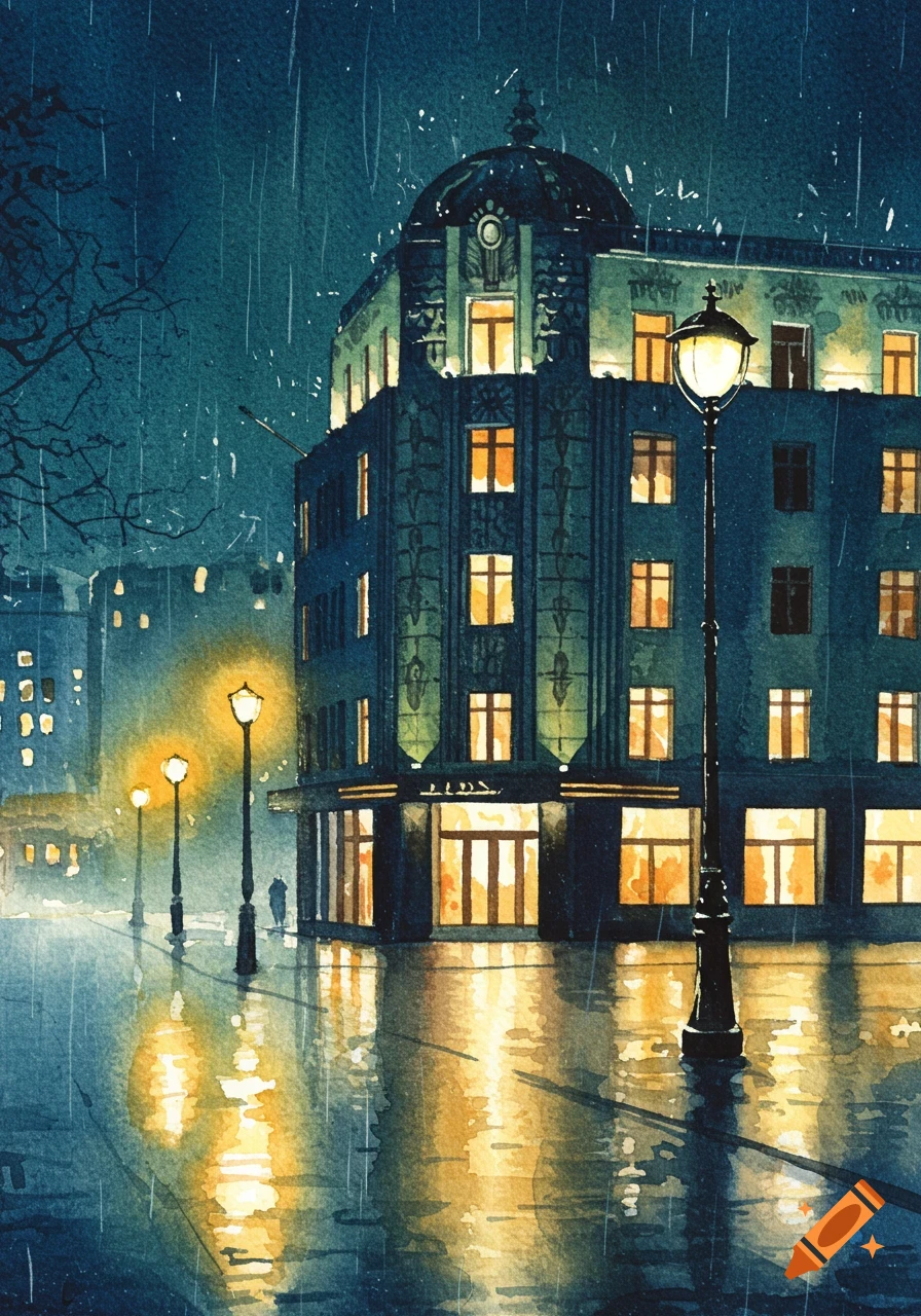 A watercolor painting of an illuminated Art Deco building on a rainy night, with streetlights reflecting on wet ground.