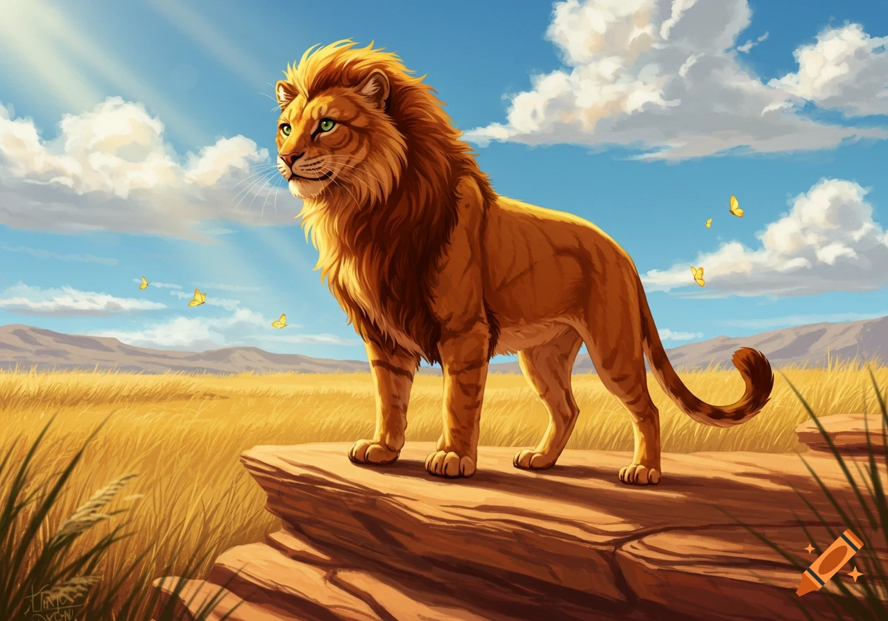 A majestic lion stands on a rock in a sunny golden savanna under a blue sky with clouds and butterflies, in a digital art style.