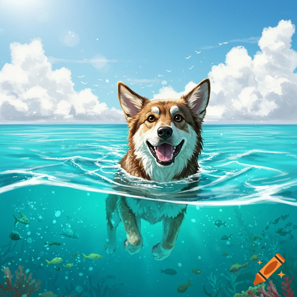 A happy brown and white dog swims in clear blue ocean water, with fish visible below the surface, under a bright sky with clouds. Illustrated style.