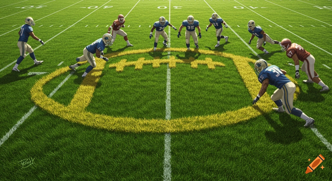 An overhead view of an American football field with a large football outline mowed into the grass. Players in blue and brown jerseys are positioned around the football outline.