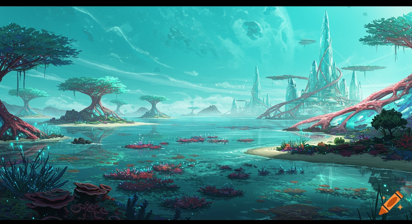 Alien coastal world with turquoise water, bioluminescent plants, and futuristic cities under a cloudy sky.