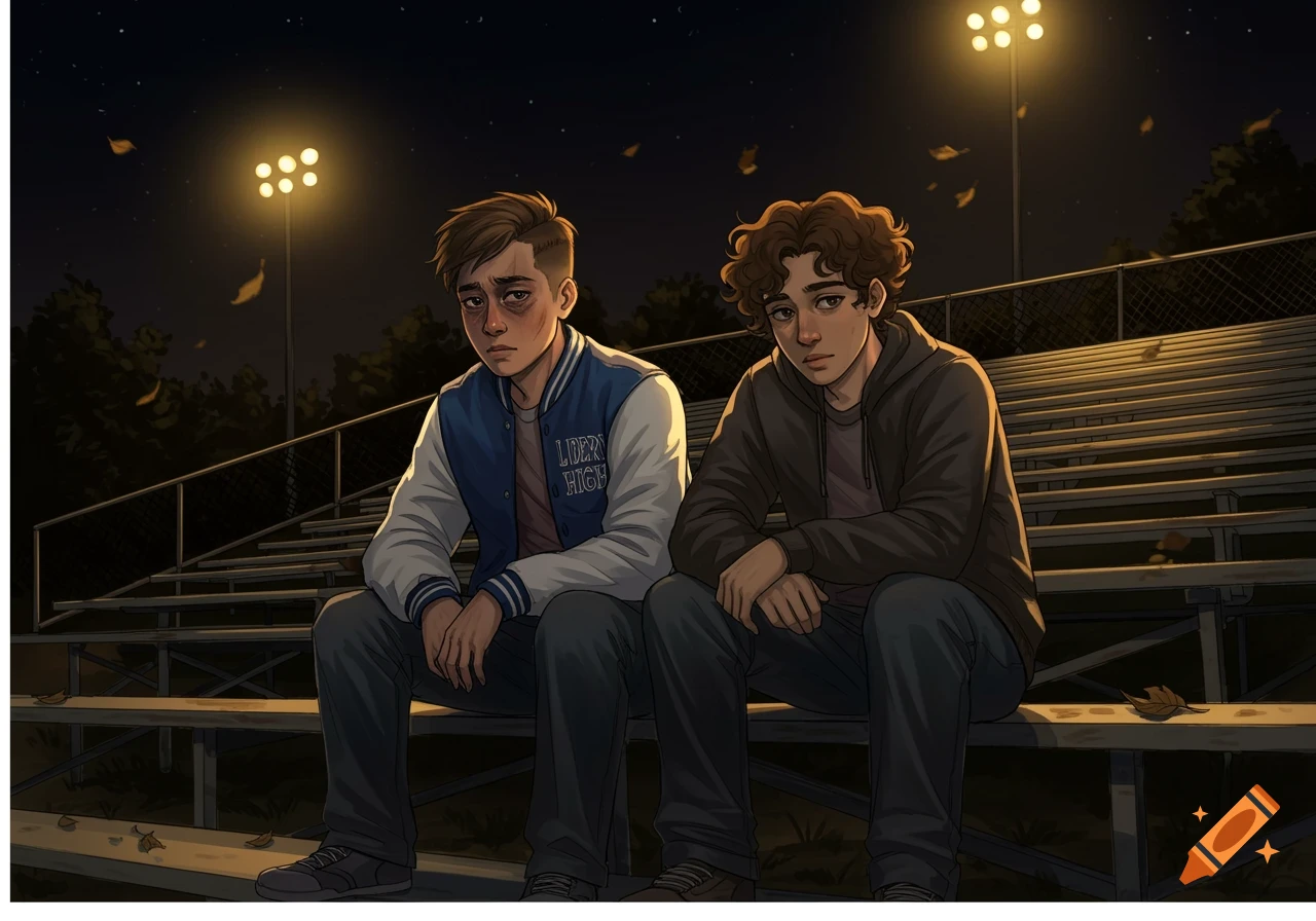 Two teenage boys, one in a 'Liberty High' varsity jacket with bruises, sit on bleachers at night under stadium lights.