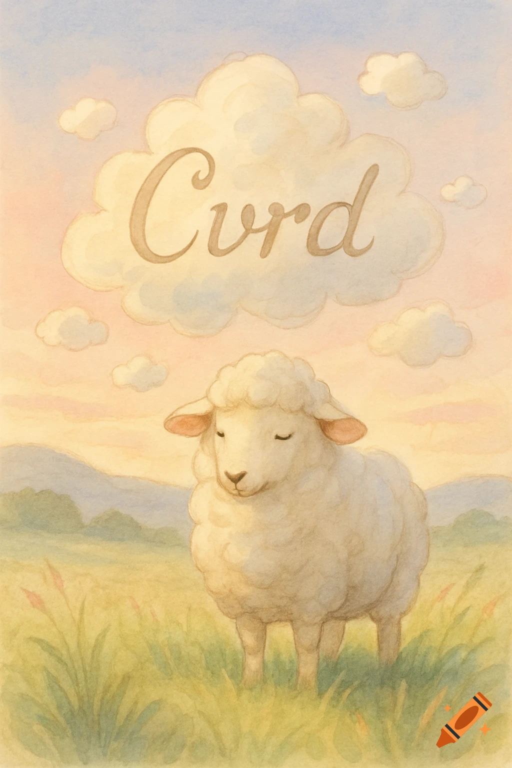 Watercolor painting of a fluffy white sheep in a field under a cloud with the word 'Cvrd' in the sky.