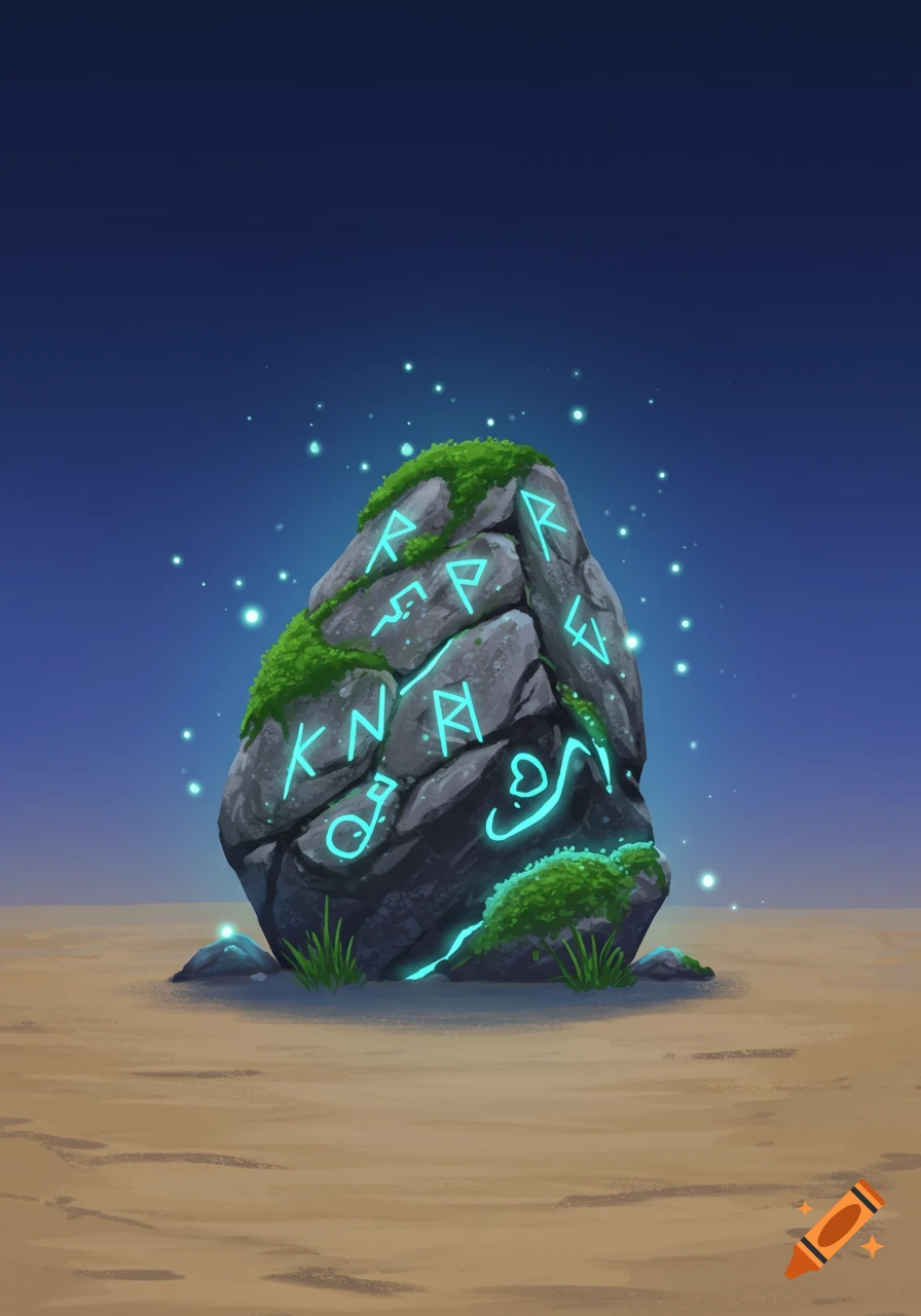 An illustrated magical boulder with glowing blue runes and moss, standing on a sandy ground under a dark blue sky.