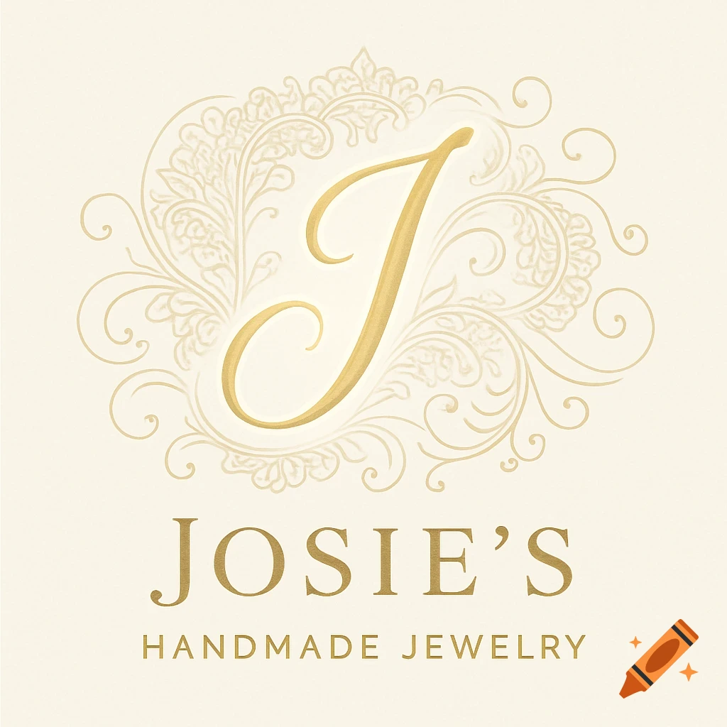 A gold capital letter J surrounded by light gold floral and swirling patterns, with the words "JOSIE'S" and "HANDMADE JEWELRY" in gold letters below, all on a cream background.