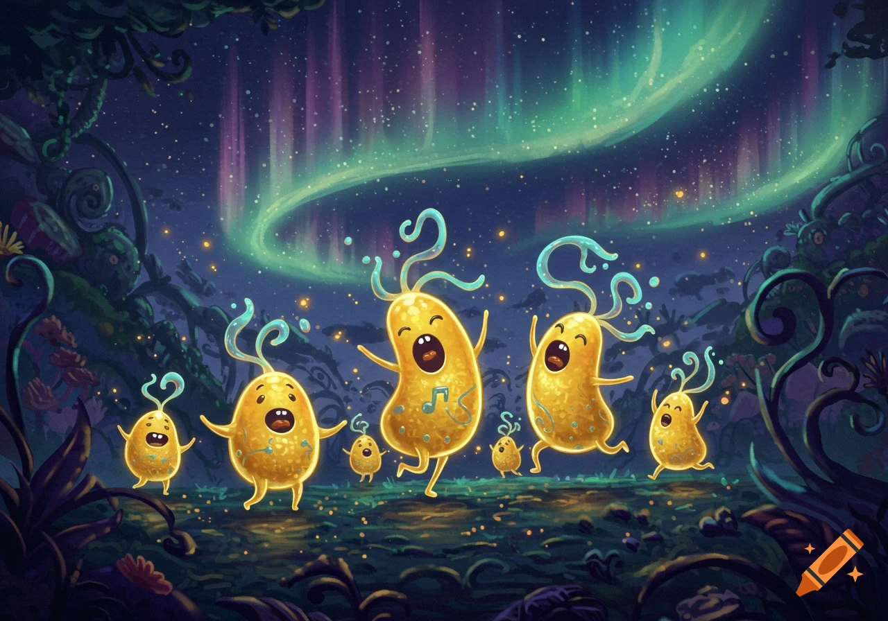 Golden, singing bean-creatures dance in a fantastical forest under a vibrant aurora borealis.