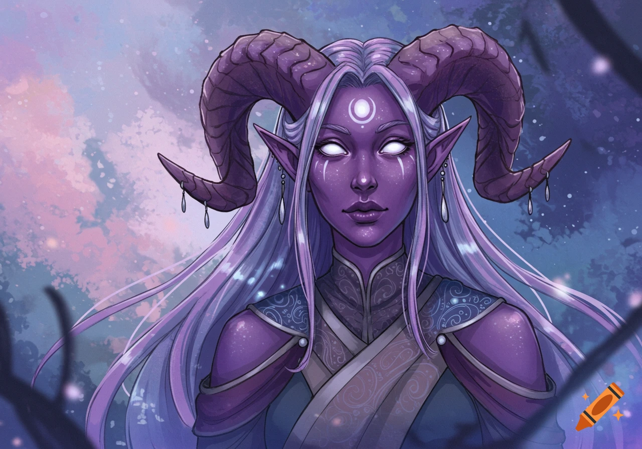 Hand-drawn portrait of a purple-skinned female tiefling with large ram horns and glowing white eyes, set against a mystical purple and blue background.