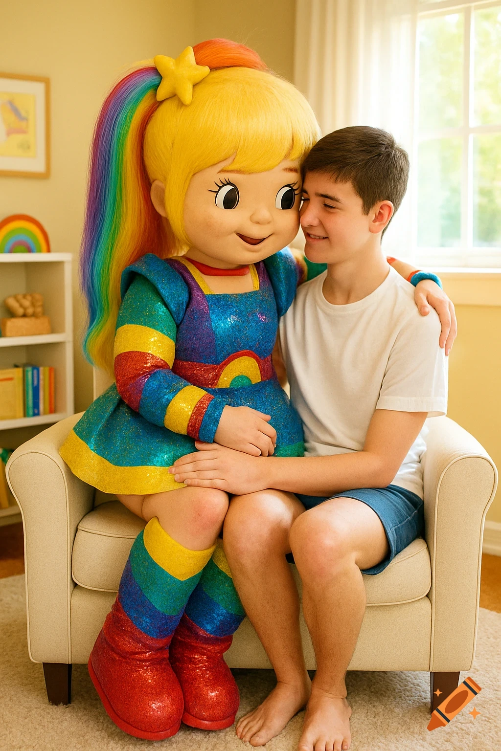 Photorealistic portrait of a teenage boy on Rainbow Brite mascot's lap in a bright room.