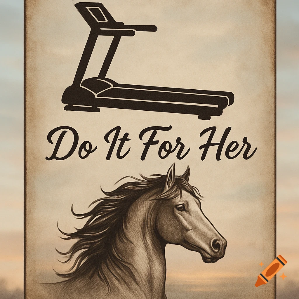 Motivational poster with a black treadmill silhouette, 'Do It For Her' text, and a detailed drawing of a horse's head.