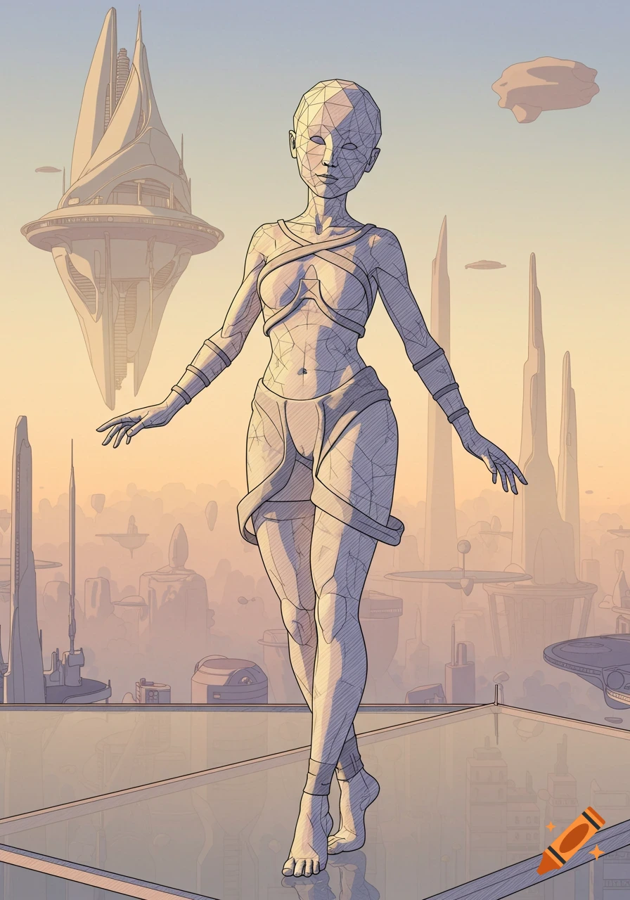 An illustration of a geometric female figure in avant-garde garments on a glass bridge overlooking a futuristic city.