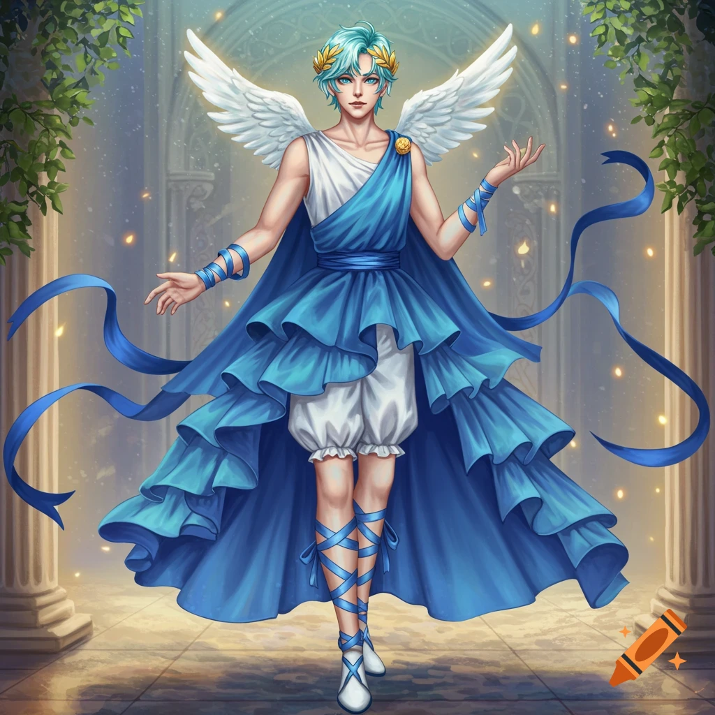 A male figure with light blue hair and white wings, wearing a flowing blue himation and white tunic, stands in a classical hall.