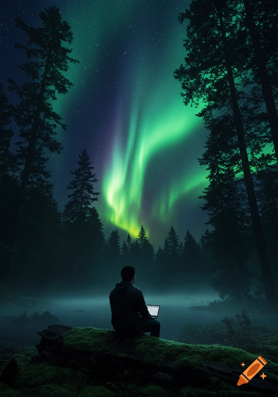 A person sits on a mossy log with a laptop, overlooking a misty forest lake under a vibrant green and purple aurora borealis.