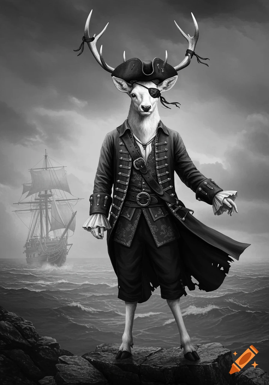 A black and white illustration of an anthropomorphic white deer dressed as a pirate standing on rocks by a stormy sea with a ship.