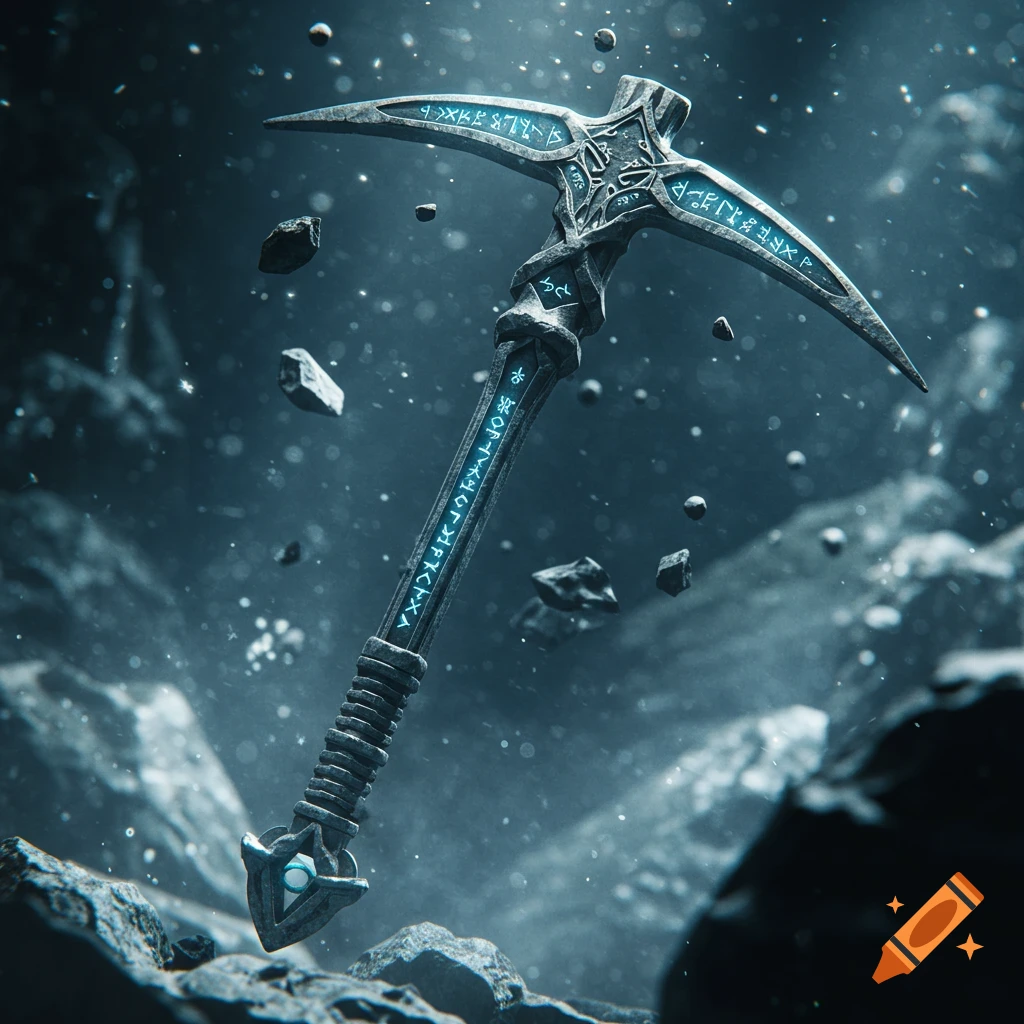 A dark, ornate fantasy pickaxe with glowing blue runes floats among rocky debris in a dark, ethereal space.