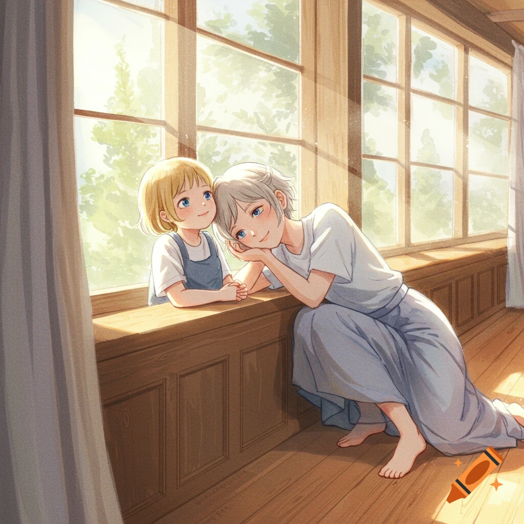 Watercolor anime drawing of a young blonde girl and an older woman resting their heads on a sunlit window ledge, looking outside.
