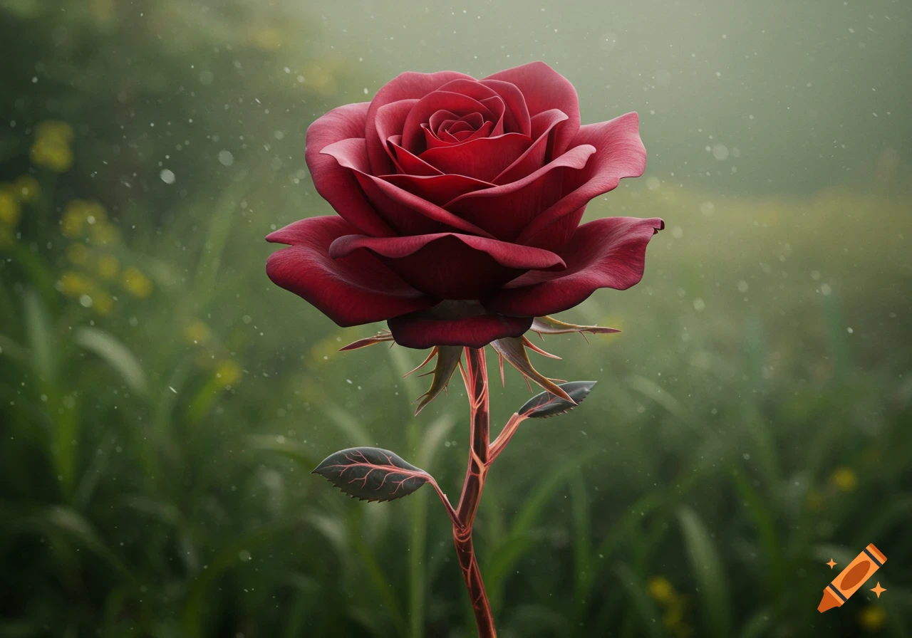 A vibrant red rose with a stem resembling human veins stands in a soft, green background.