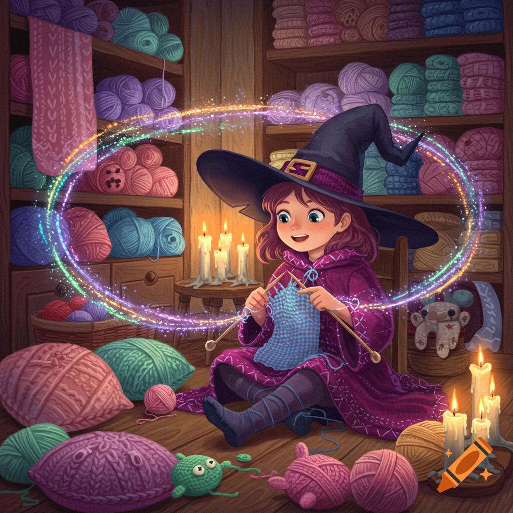 A whimsical witch in a purple robe sits on the floor knitting in a magical yarn room, surrounded by colorful yarn and glowing sparkles.