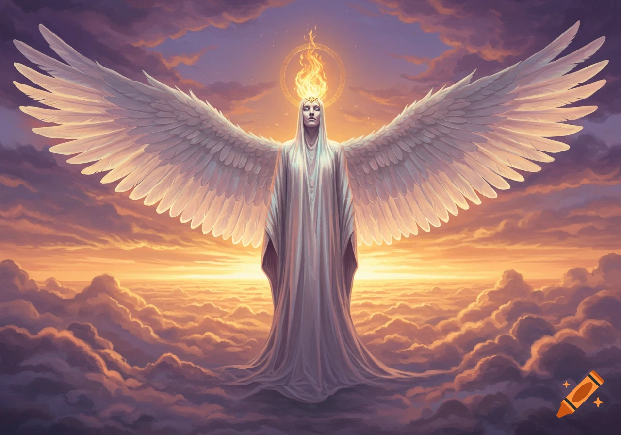 A majestic angelic figure with large white wings and a fiery halo stands above clouds in a vibrant sunset sky.