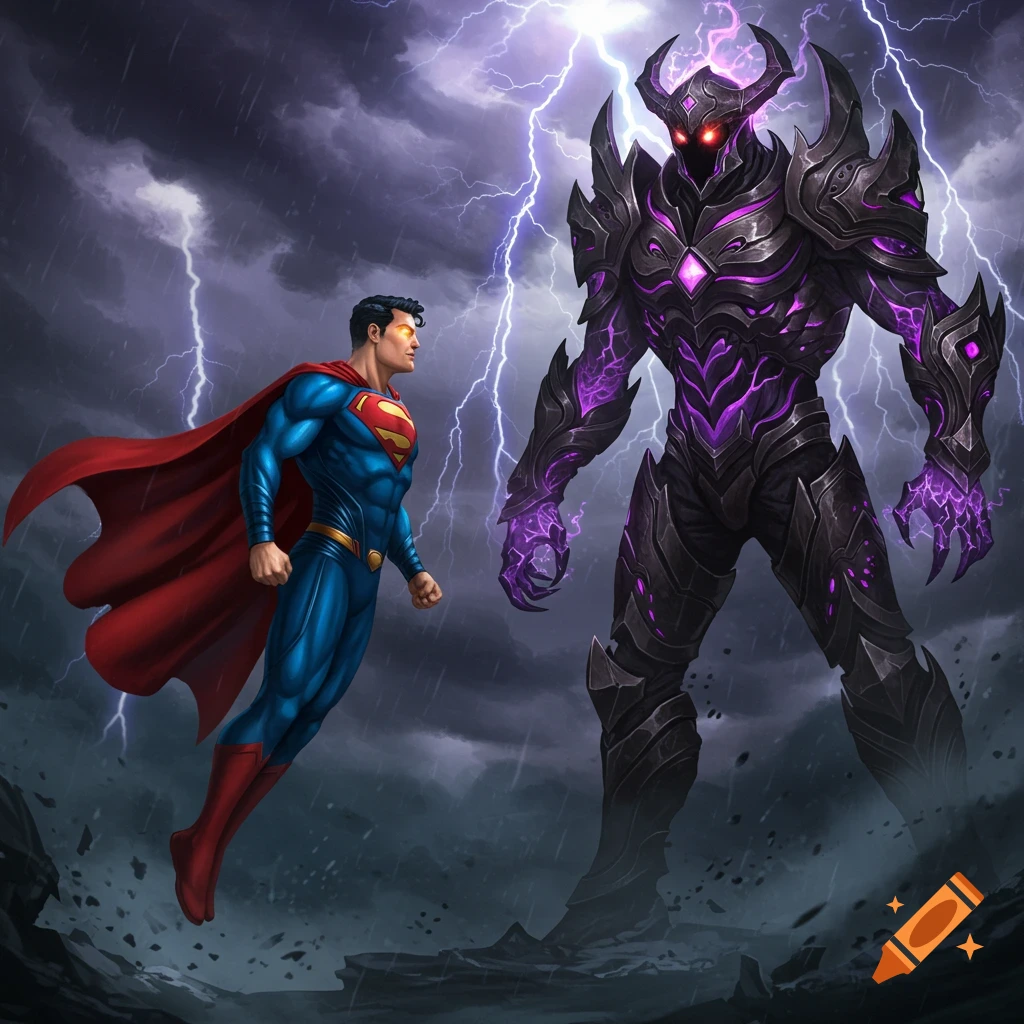 Superman confronts a giant armored purple demon in a stormy, lightning-filled sky.